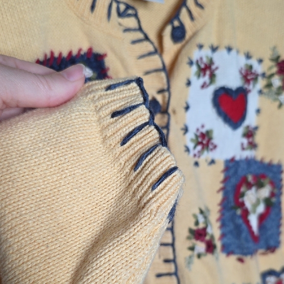 Vtg Heirloom Collectibles Patchwork Cardigan Sweater Rose Embroidery Yellow XL - Picture 7 of 13